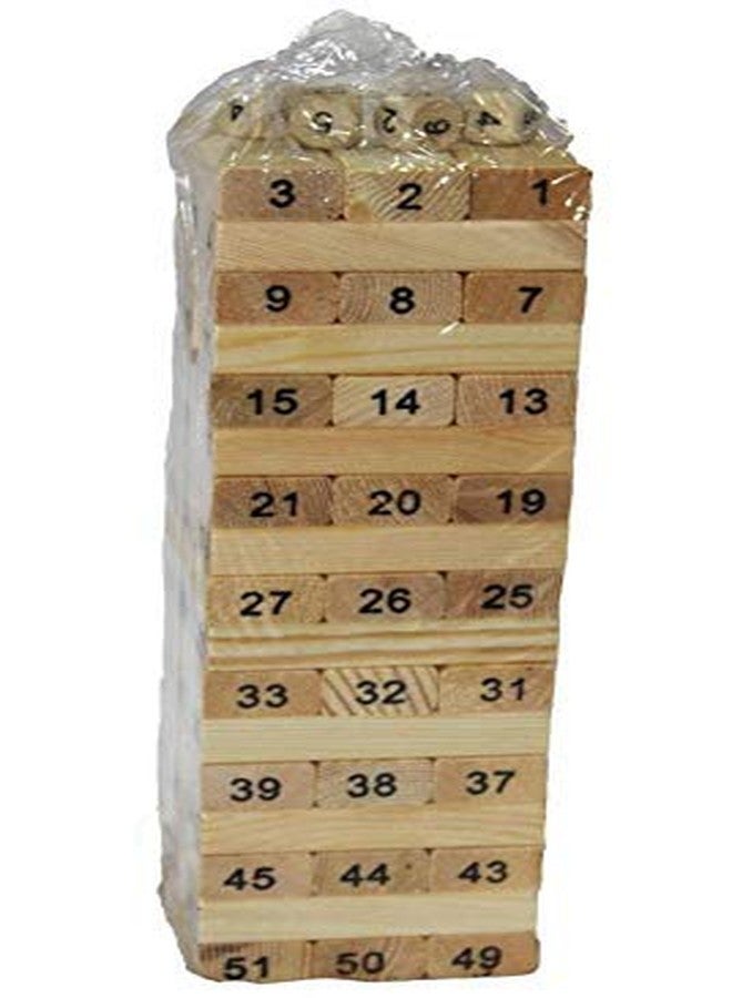 Authfort Multi Coloured 51 Pcs Blocks 4 Dices Wooden Numbered Building Bricks Stacking Classic Traditional Toppling Tumbling Tower Game - Image 1
